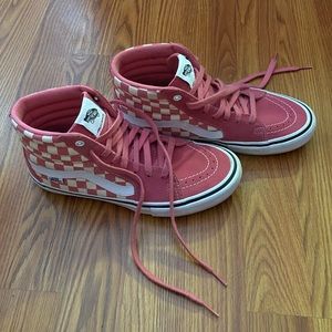 pink checkered high top vans pro classics